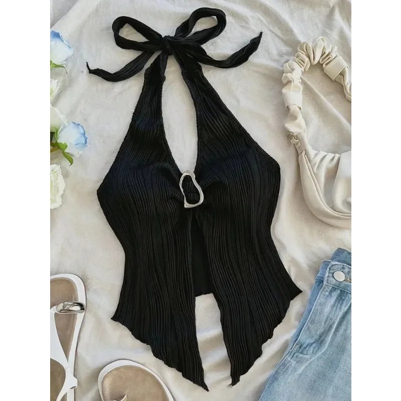 Women's Sexy V-neck Halter Neck Crop Top in Solid Colors
