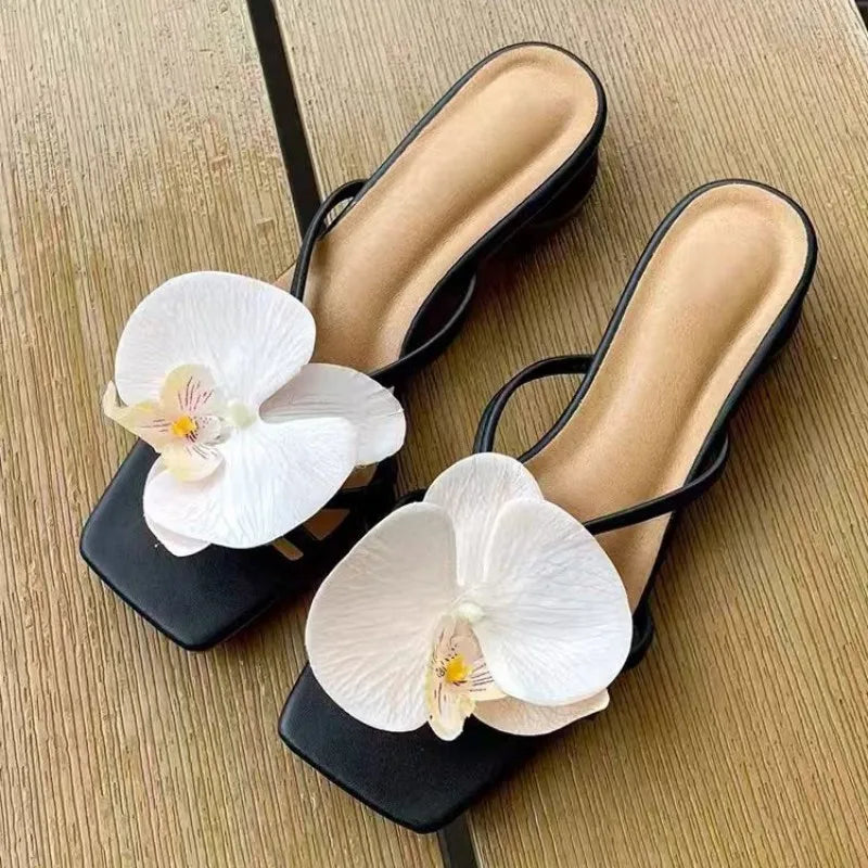 Black Beige Flower High Heels Slippers for Women Size 42