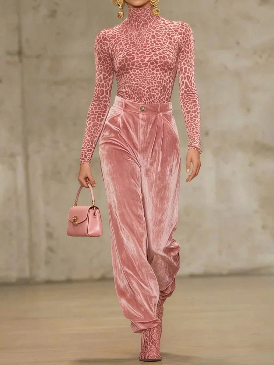 Bonboho Women's Pink Velvet High Waist Loose Fit Trousers