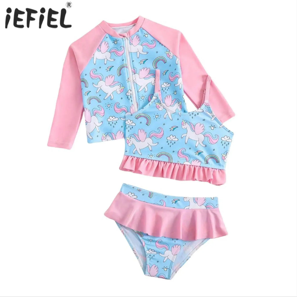 iEFiEL Girls 3-Piece Swim Set Long Sleeve Zippered Top