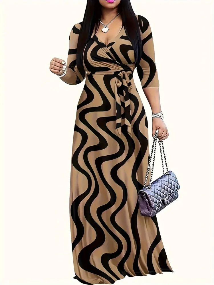 Casual Summer Print Dress with V-Neck and Lace-Up Detail