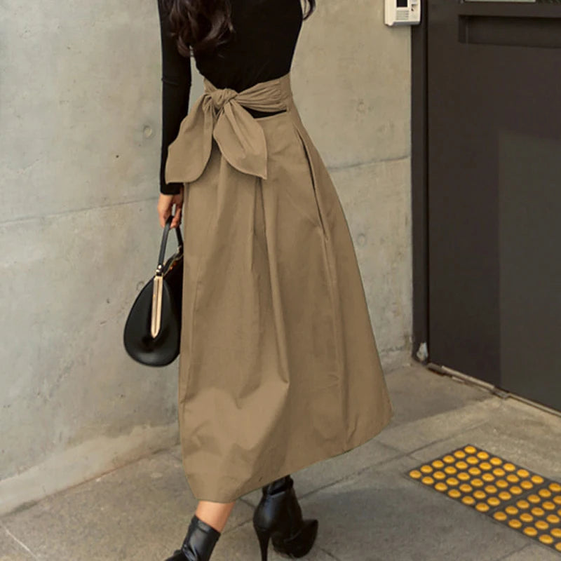 Long A-Line Skirt for Women in Solid Color with Bow Detail