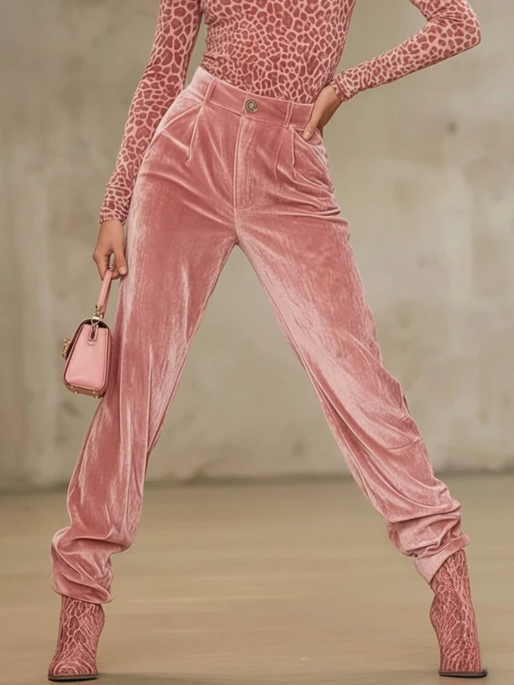Bonboho Women's Pink Velvet High Waist Loose Fit Trousers