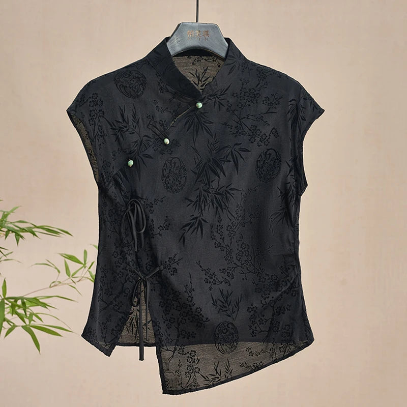 Black Jacquard Chinese Style Cheongsam Top for Women