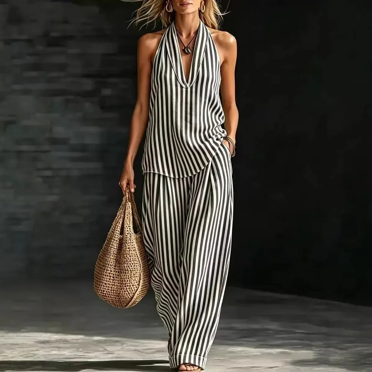 Chic Striped Wide-Leg Pants and Halter Top Set for Women