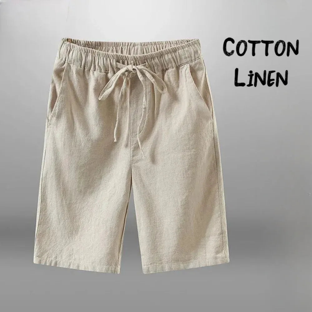 Men's Cotton Linen Casual Knee Length Beach Shorts