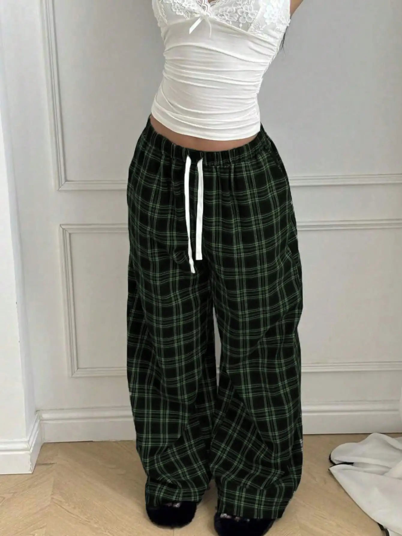 Women's High Waist Plaid Drawstring Wide Leg Pants