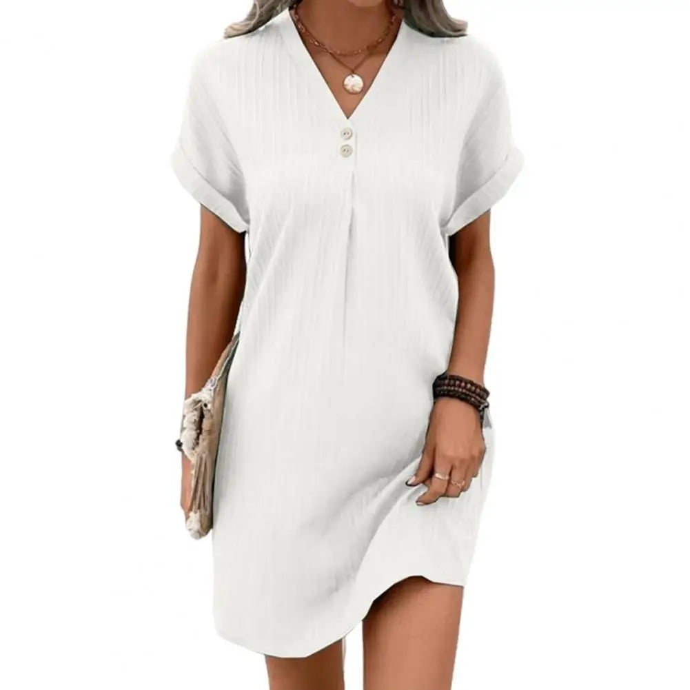 Summer Women V Neck Button Dress in Soft Polyester