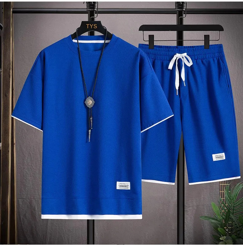 Men's Summer Waffle Set Brand Fashion Casual T-shirt Shorts Set Men's Sports Set Loose ComfortableSlow Running Quick Sports Suit