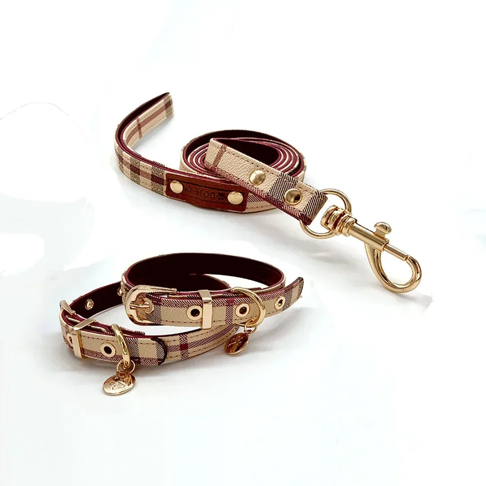 Stylish Plaid Leather Collar and Leash Set for Pets