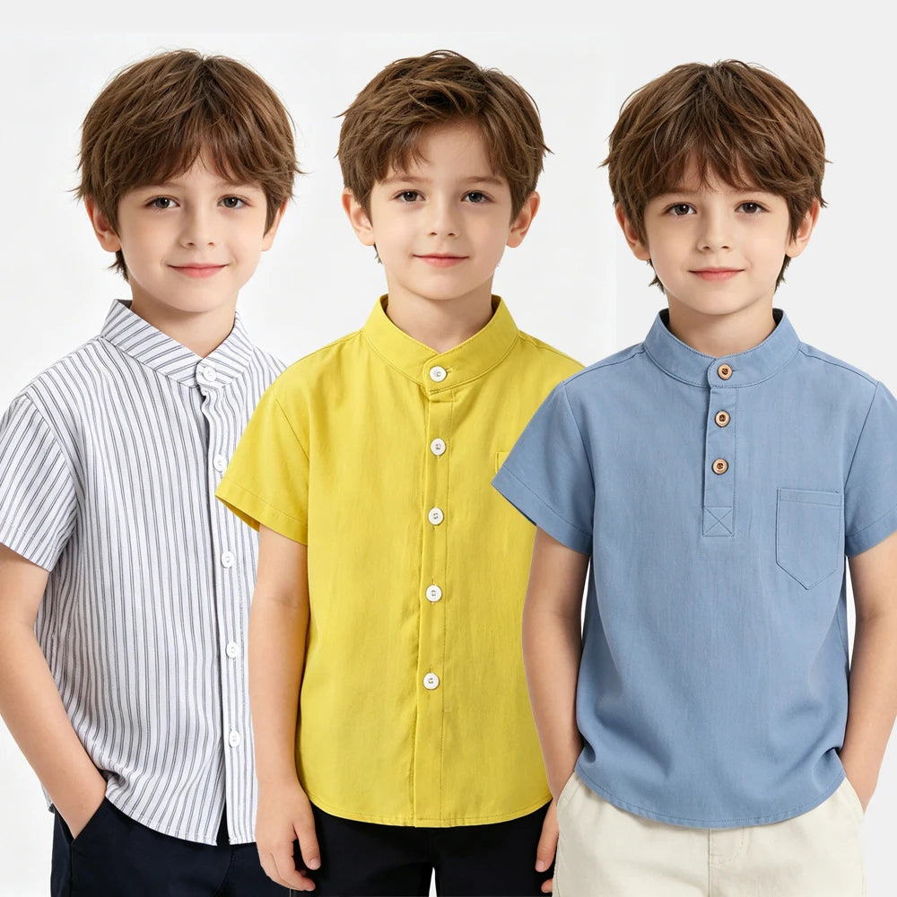 Boys Cotton Short Sleeve Dress Shirt Blouse for Summer