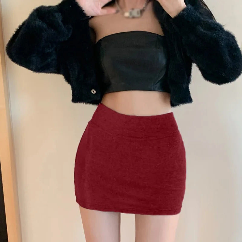 Korean Solid Color High Waist Elastic Skirt for Women