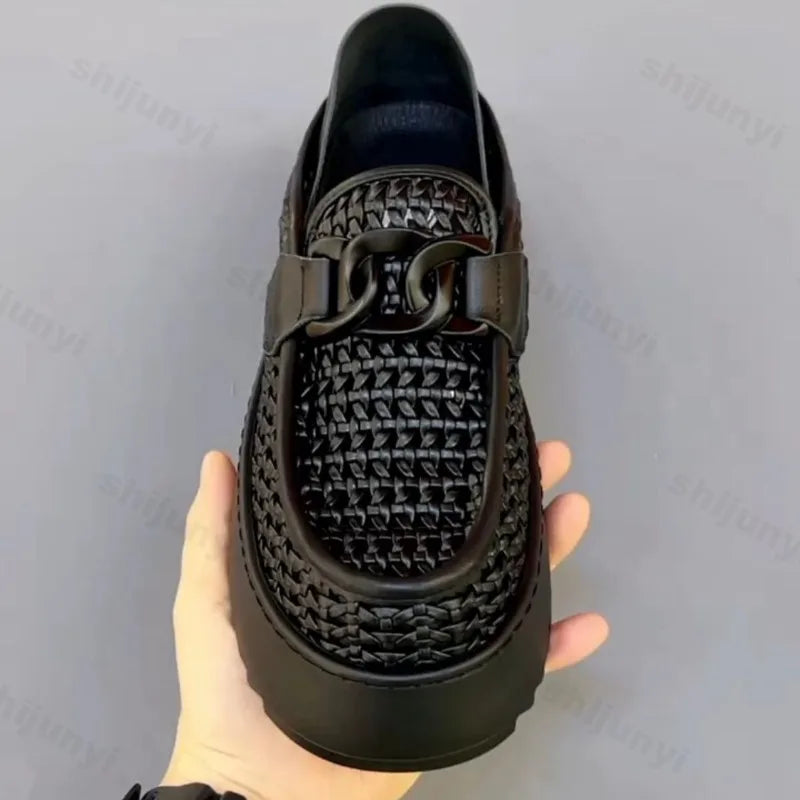 Men's Shoes 2026 New Thick Soled Height Increasing Trend Breathable Loafers Fashion Retro Weave Versatile Platform Casual Shoes