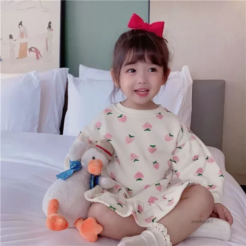 Korean Girls' Pleated Dress with Cartoon Strawberries