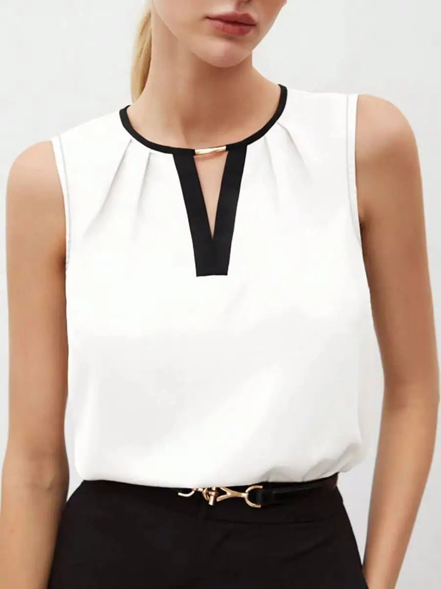 Women's Tank Top Spring Summer White Black Contrast Trim V Neck Sleeveless Loose Elegant Office Daily Work Top