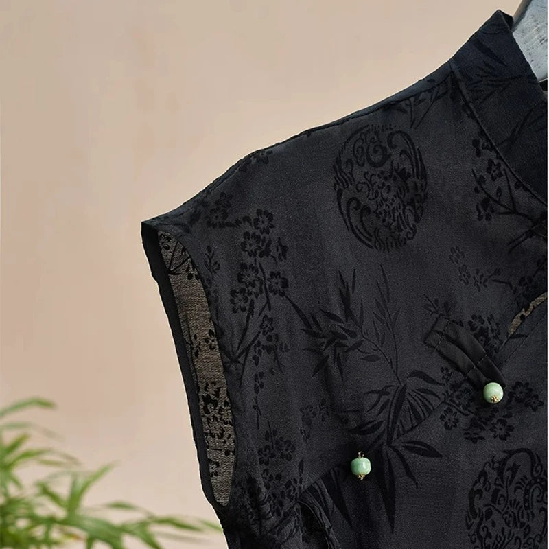 Black Jacquard Chinese Style Cheongsam Top for Women