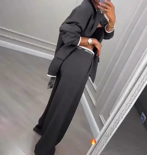 Stylish Grey Blazer and High Waist Pants Set for Women