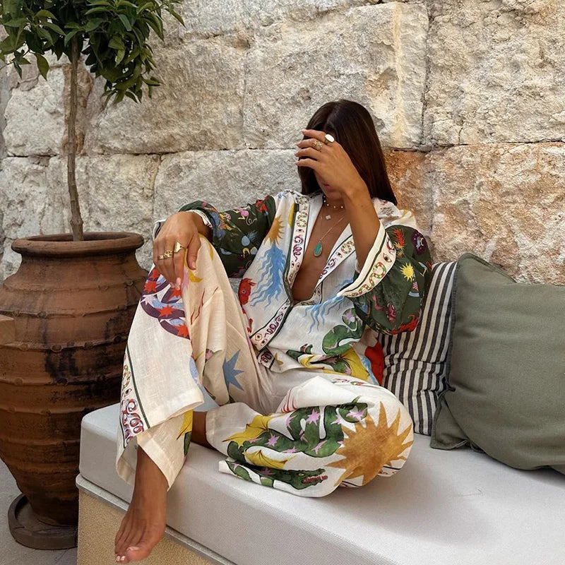 Floral Print Women Suit Set with Loose Blouse and Pants