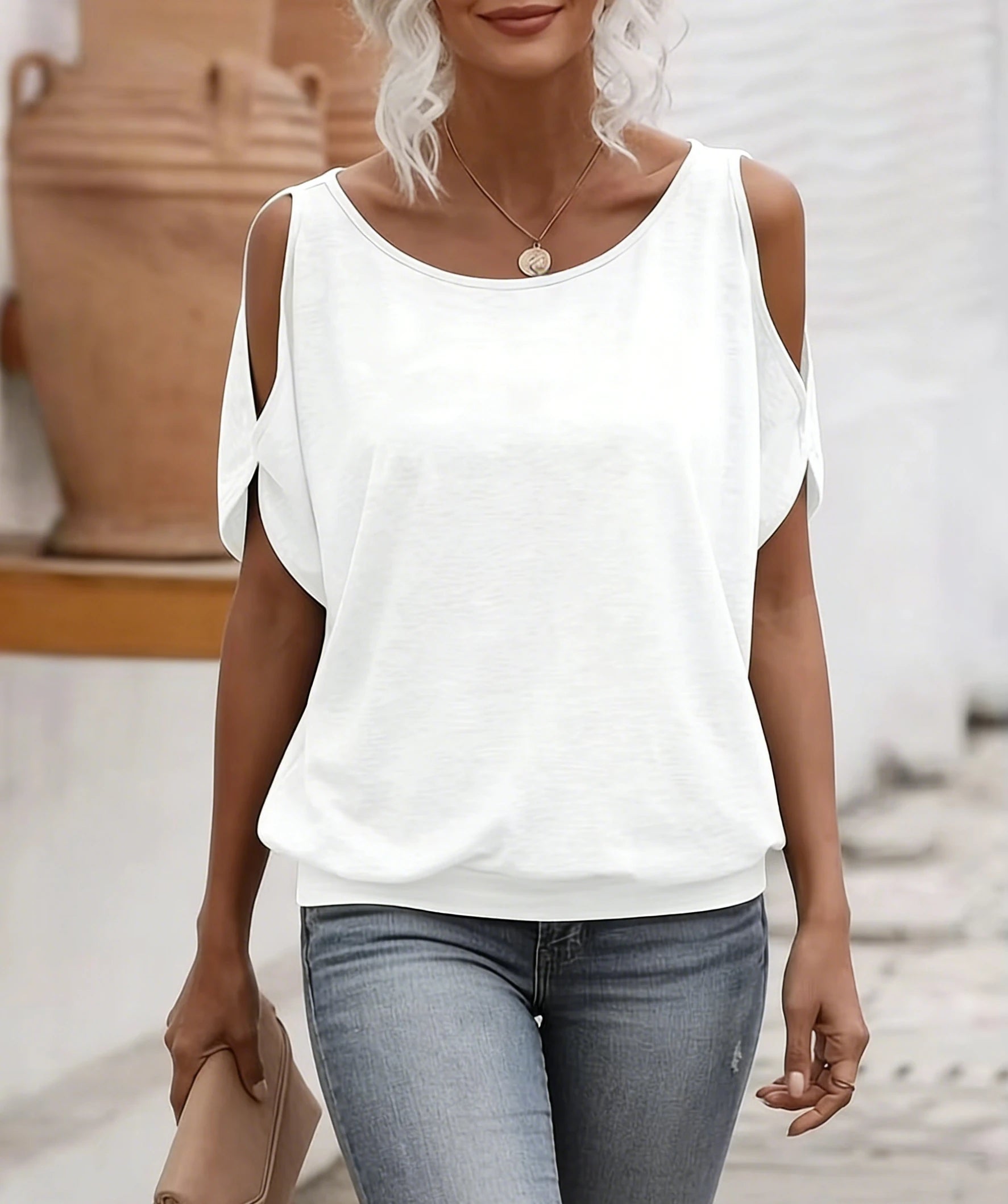 Solid White Cold Shoulder Women's Knit Tee for Spring Summer