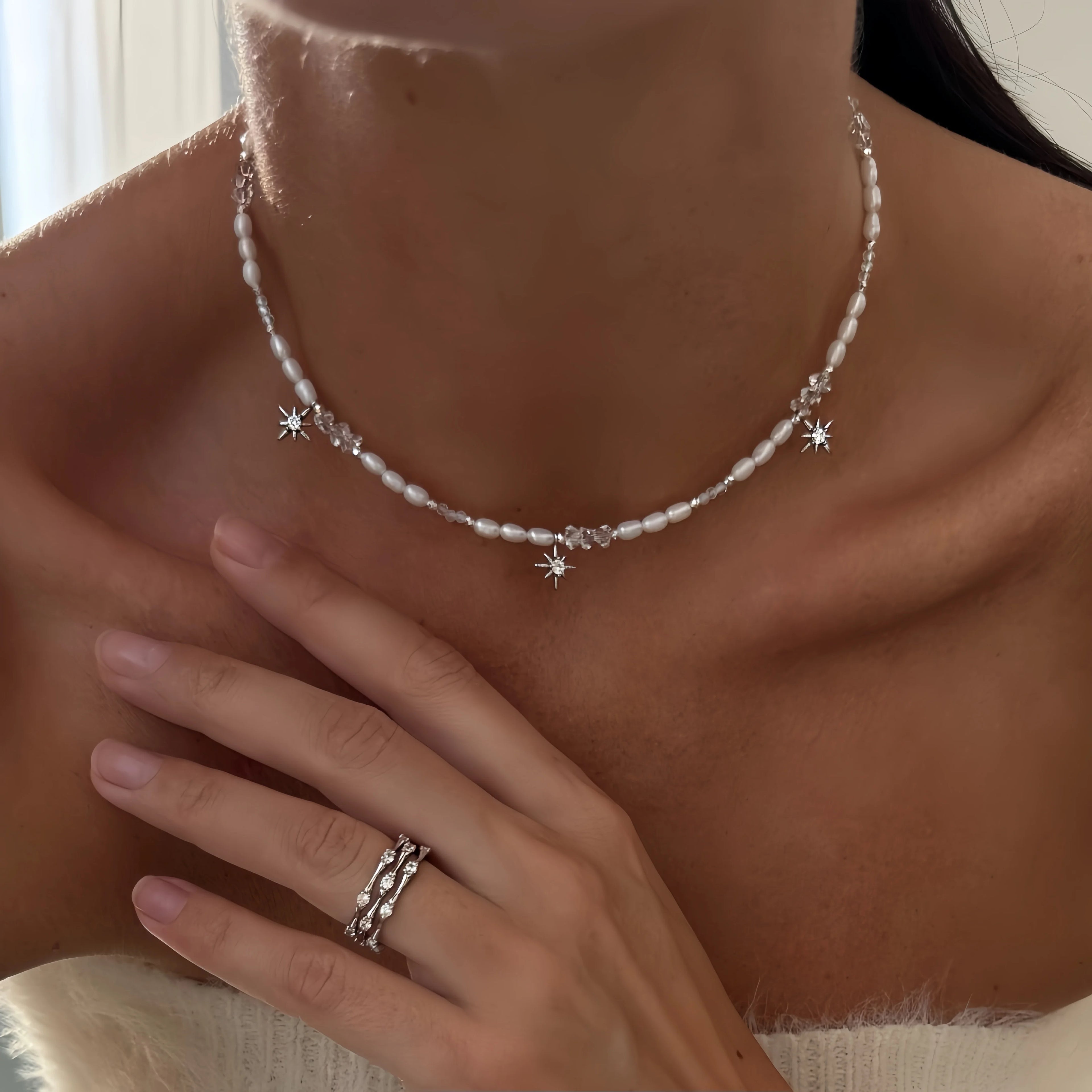Gold Silver Minimalist Pearl Necklace for Women