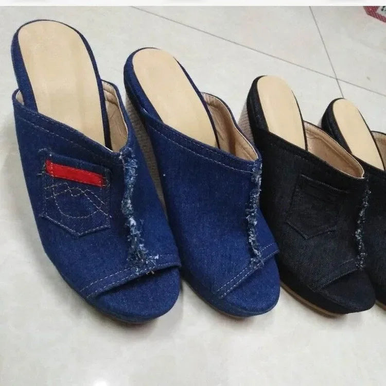 Women Summer Cowboy Slippers Retro Wedge Platform Shoes