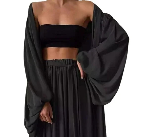 Comfortable Women Lantern Sleeve Cardigan and Wide Leg Pants Set