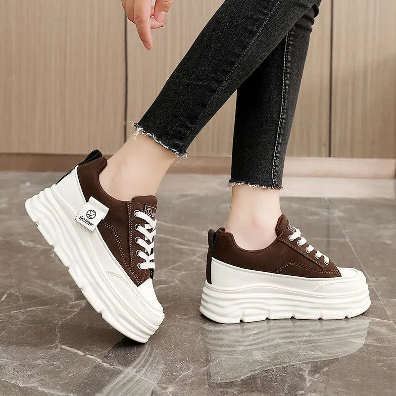Chunky Lace-Up Sneakers for Women in Soft PU for Casual Wear