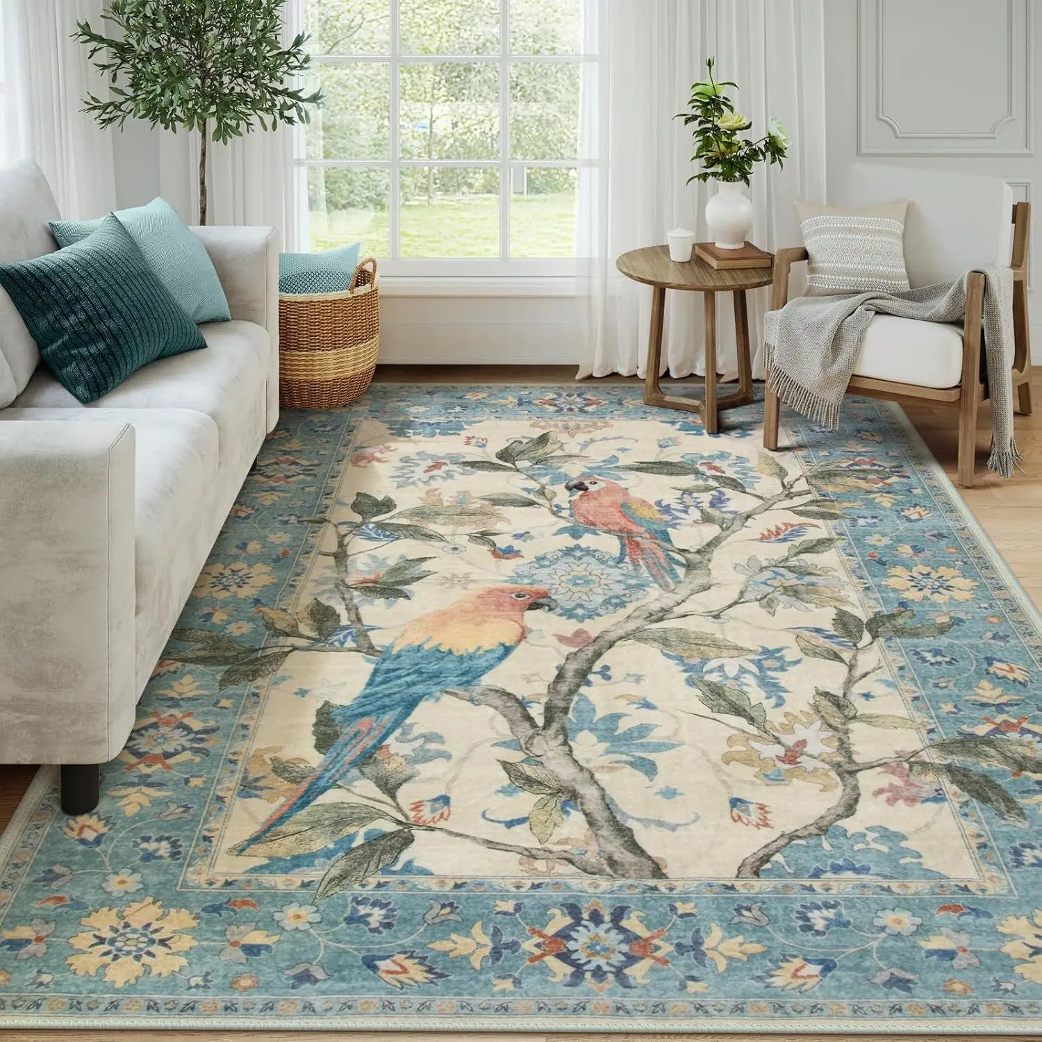 Washable Floral Pattern Living Room Rug Customizable Floor Mat