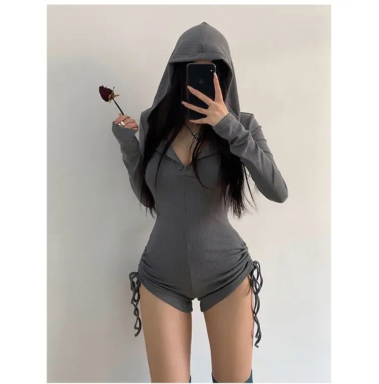 Korea Vintage Hooded Slim Casual Bodysuit for Women