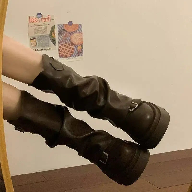 Mid-Calf Women's Platform Boots with Buckle and Side Zip