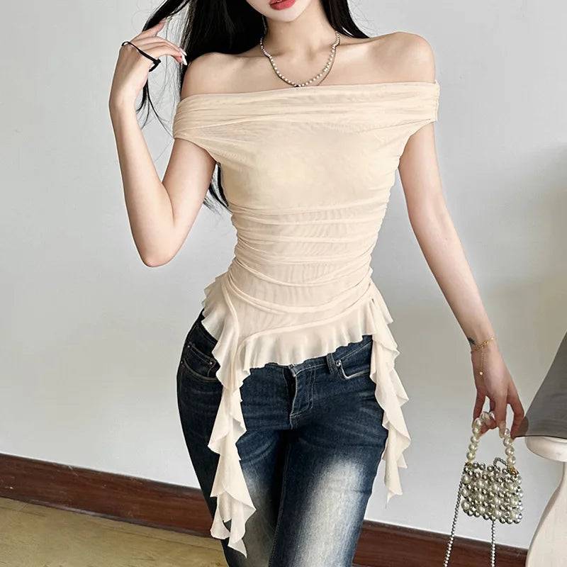 Floral Polyester One Shoulder Tank Top for Women by bywindto