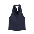 MUJER Black Satin Backless Halter Top for Women Summer Nights