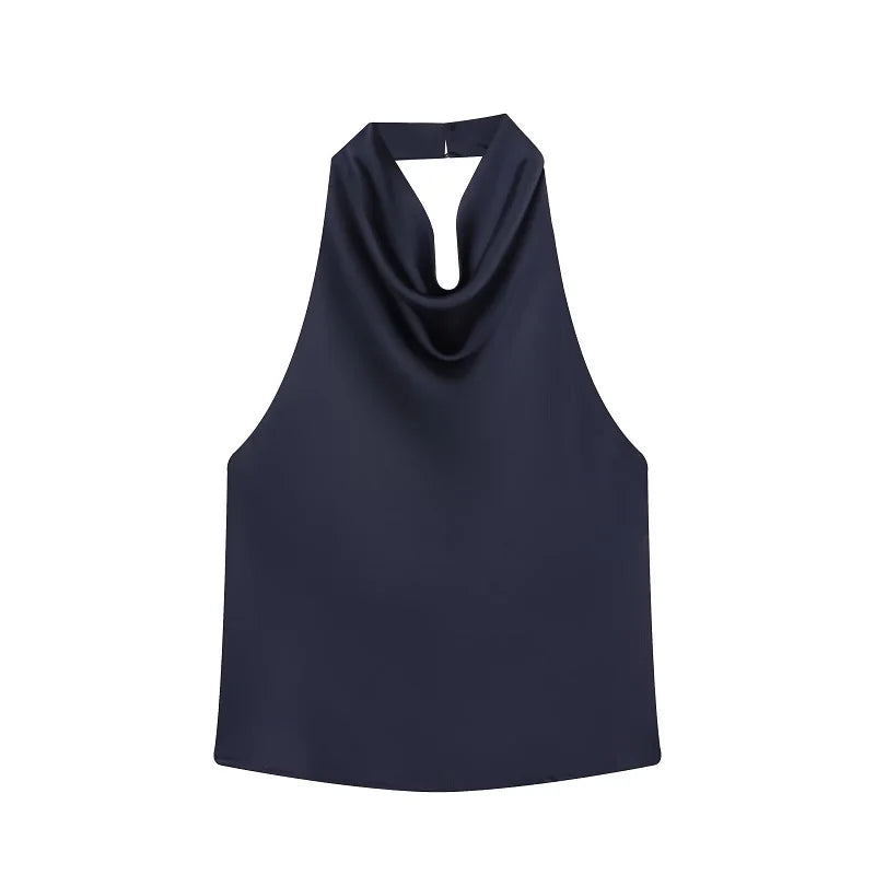MUJER Black Satin Backless Halter Top for Women Summer Nights