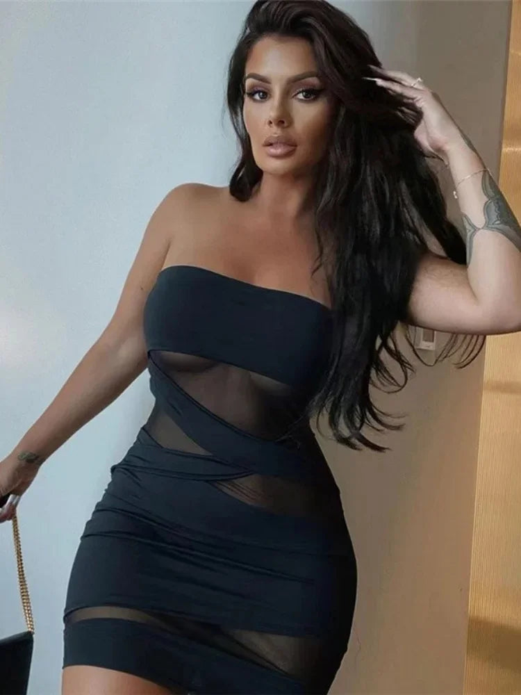 Mini Black Bodycon Dress with Slash Neck for Women