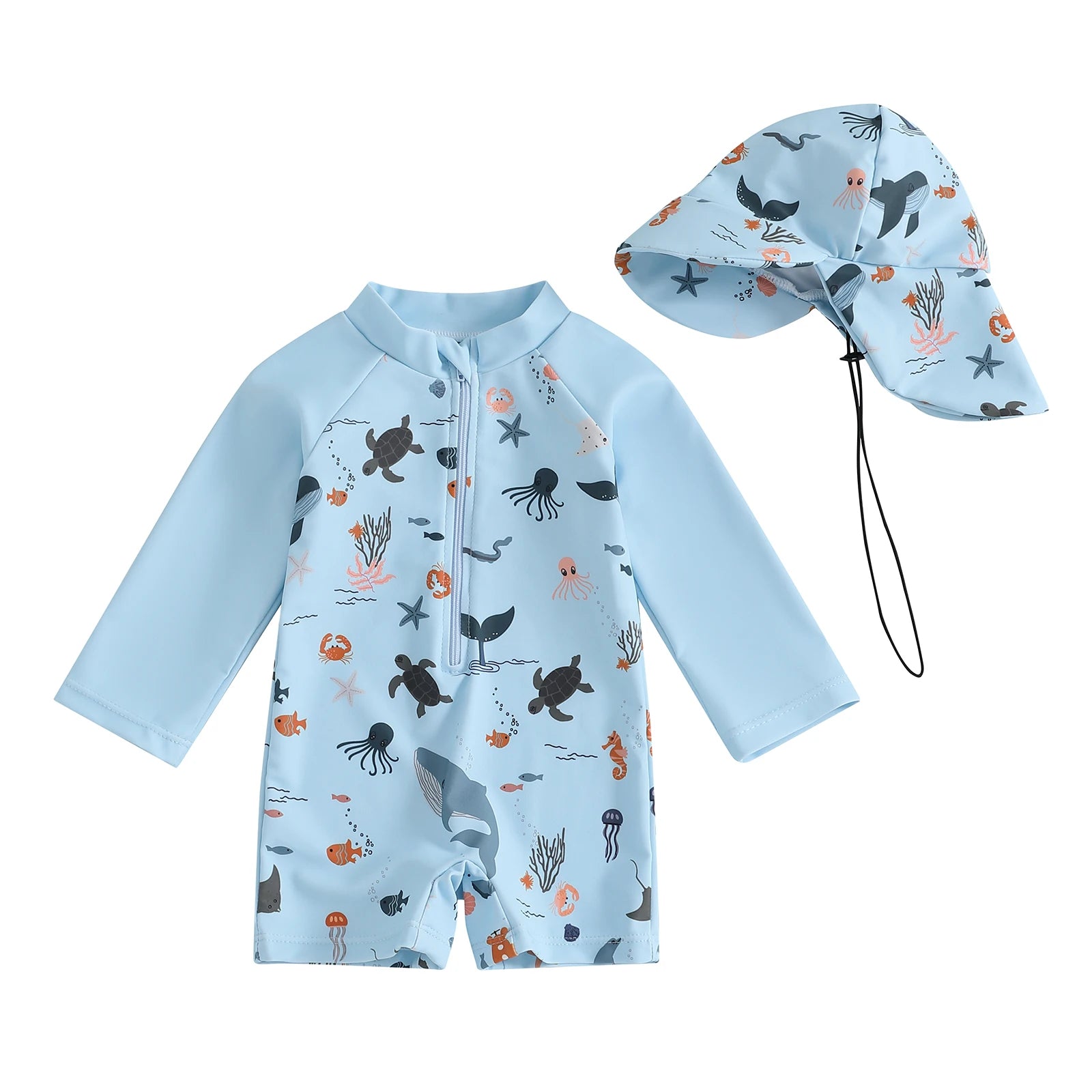 Boys Long Sleeve Marine Animal Print Swimwear with Hat