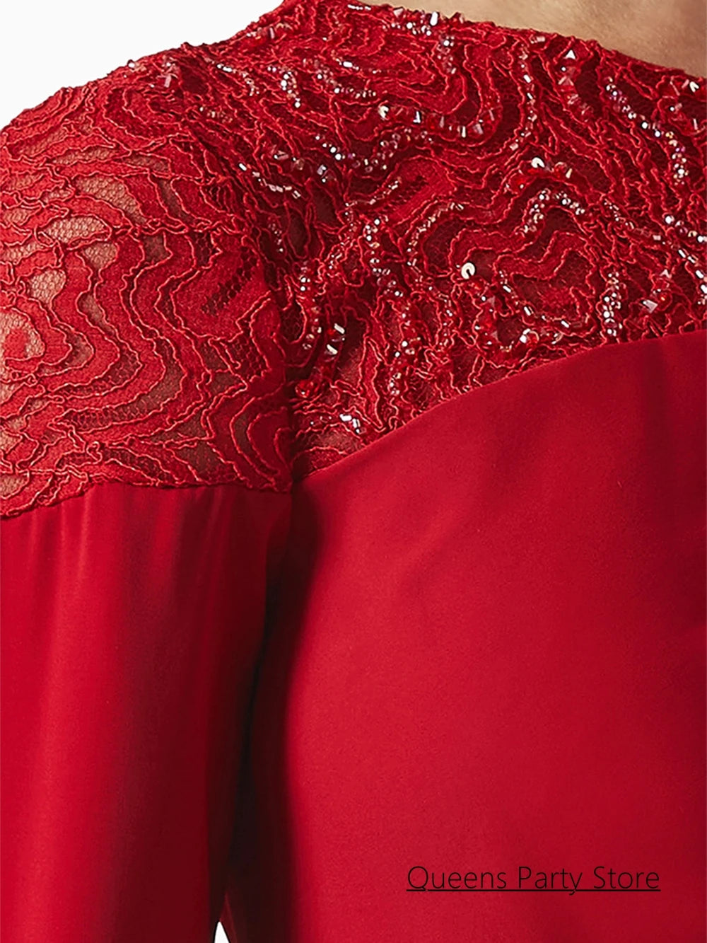 Custom Red Evening Dress with Sequined Lace and Full Sleeves