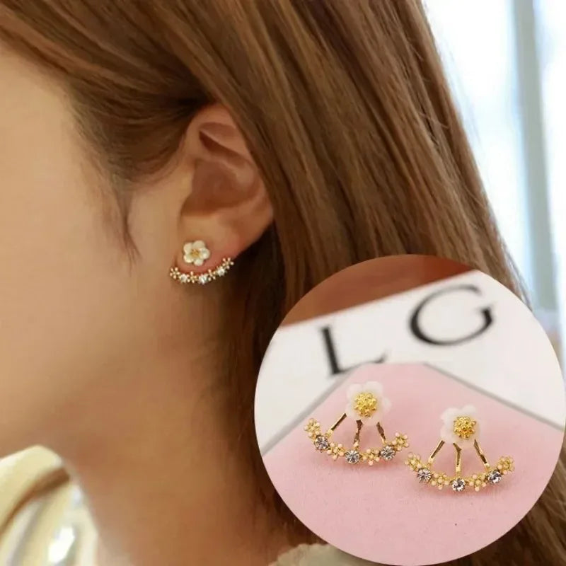 Trendy Women's Flower Stud Earrings in Metal with Zircon