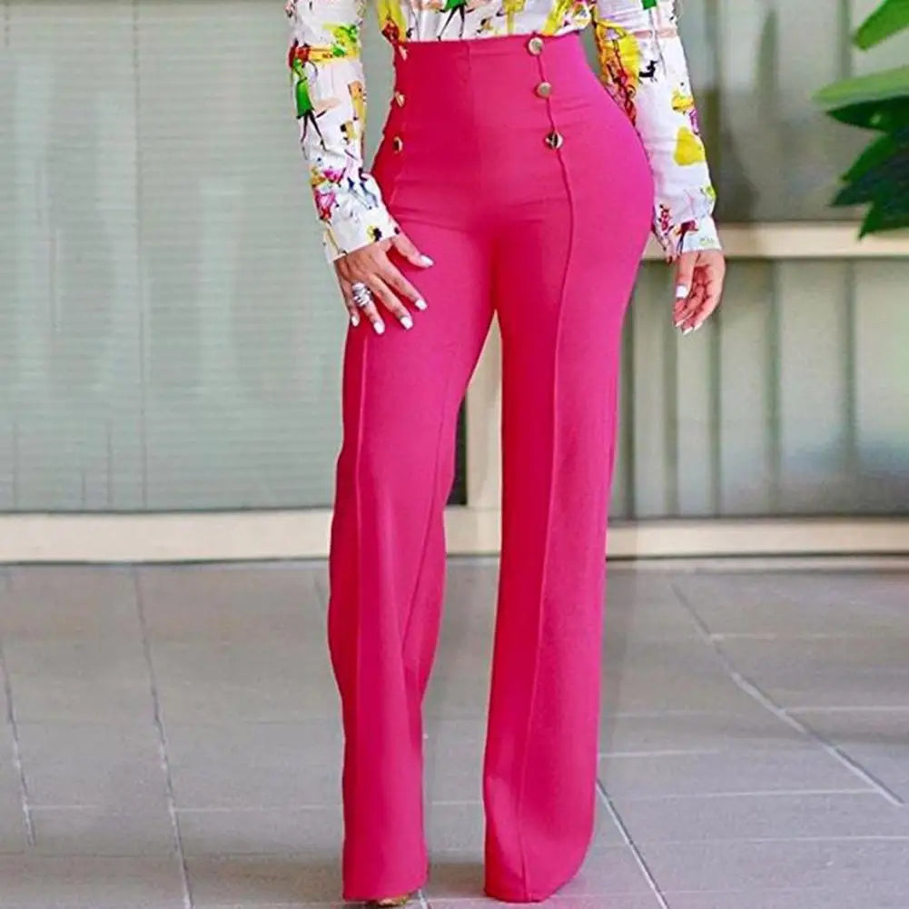 High Waist Straight Leg Women Pants with Double-Breasted Design