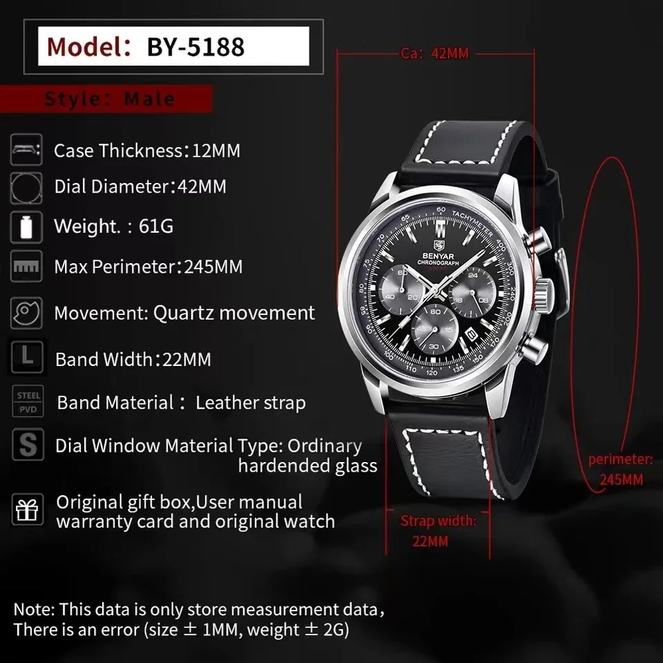 BENYAR 5188 Military Quartz Watch for Men Luxury Chronograph