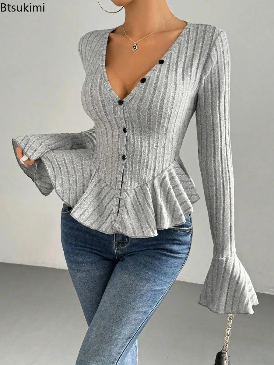 2026 Women's Sexy V Neck Ruffle Trim Slim Brushed Tops Spring Autumn Fashion Long Sleeve T-Shirts Female Elegant Commuting Tops