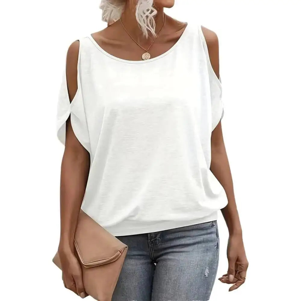 Solid White Cold Shoulder Women's Knit Tee for Spring Summer