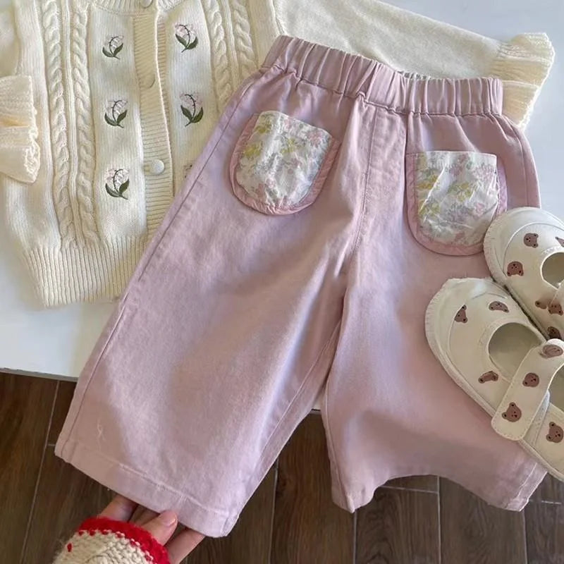 Girls Pink Flower Pocket Pants Casual Trousers for Kids