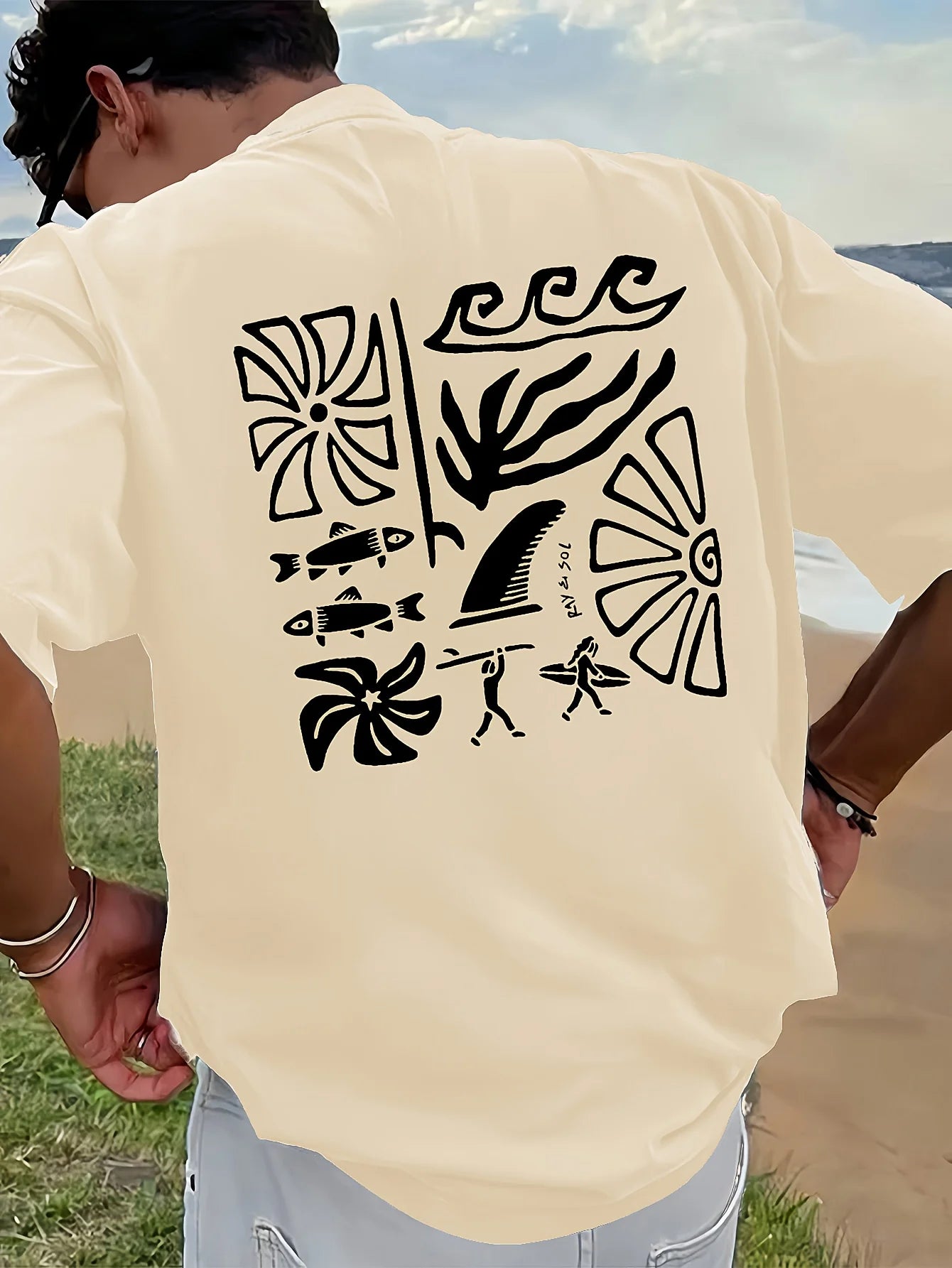 Men's Black Yellow Tropical Beach Graphic T-shirt