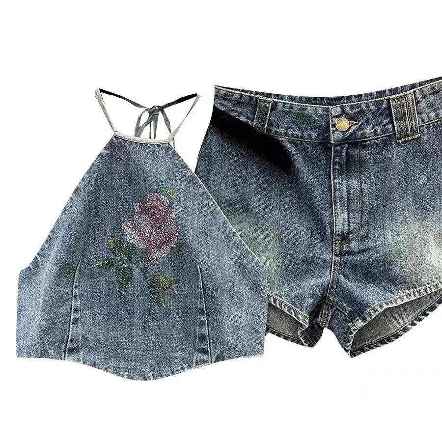 Rose Tank Top and Elastic Waist Shorts Set for Girls