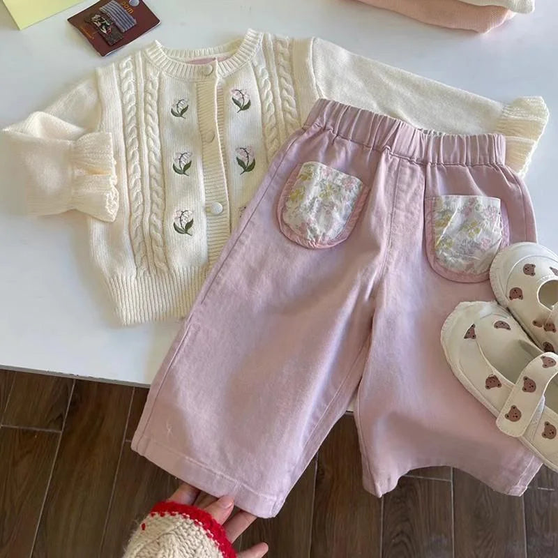 Girls Pink Flower Pocket Pants Casual Trousers for Kids