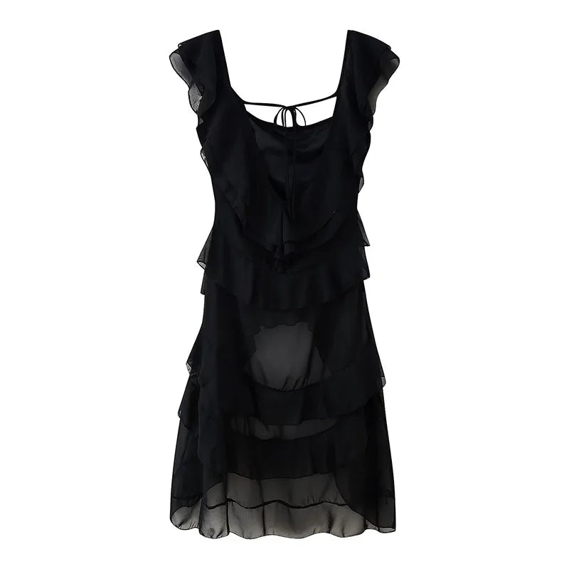 Chiffon Off Shoulder Ruffles Dress for Women in Black/White