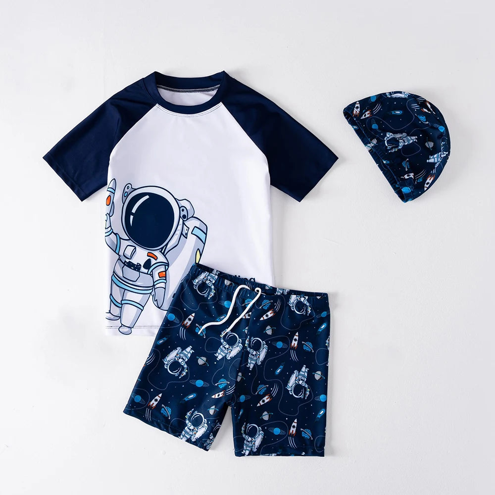 Boys Surf Rash Guard Set with Cap and Shorts for Summer