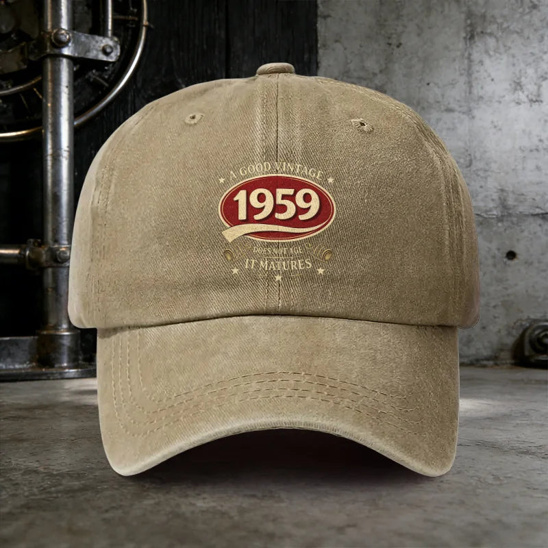 A Water-Washed Hat, Featuring The Phrase 'A GOOD VINTAGE 1959 DOES NOT AGE IT MATURES', Is an Essential Baseball Cap for Men on