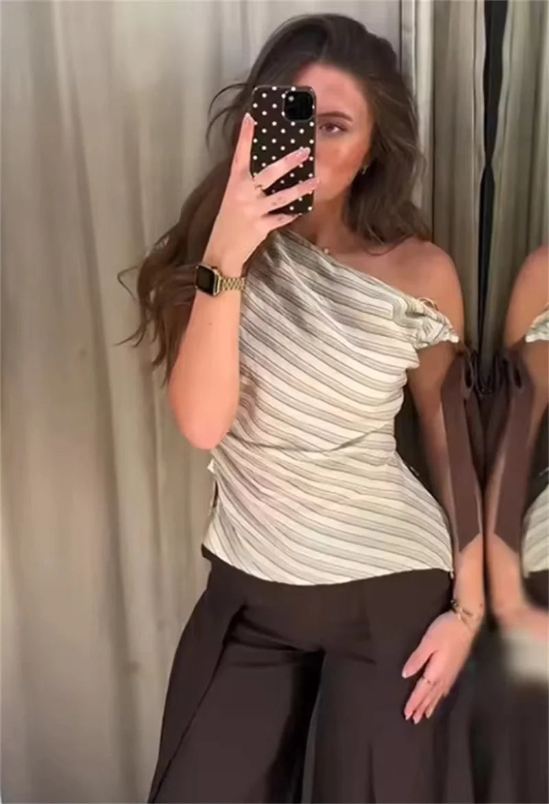 Women's Top T-Shirt 2026 Summer Fashion Casual Striped Bowknot Decoration Asymmetrical Sleeveless Elegant Unique Everyday Street