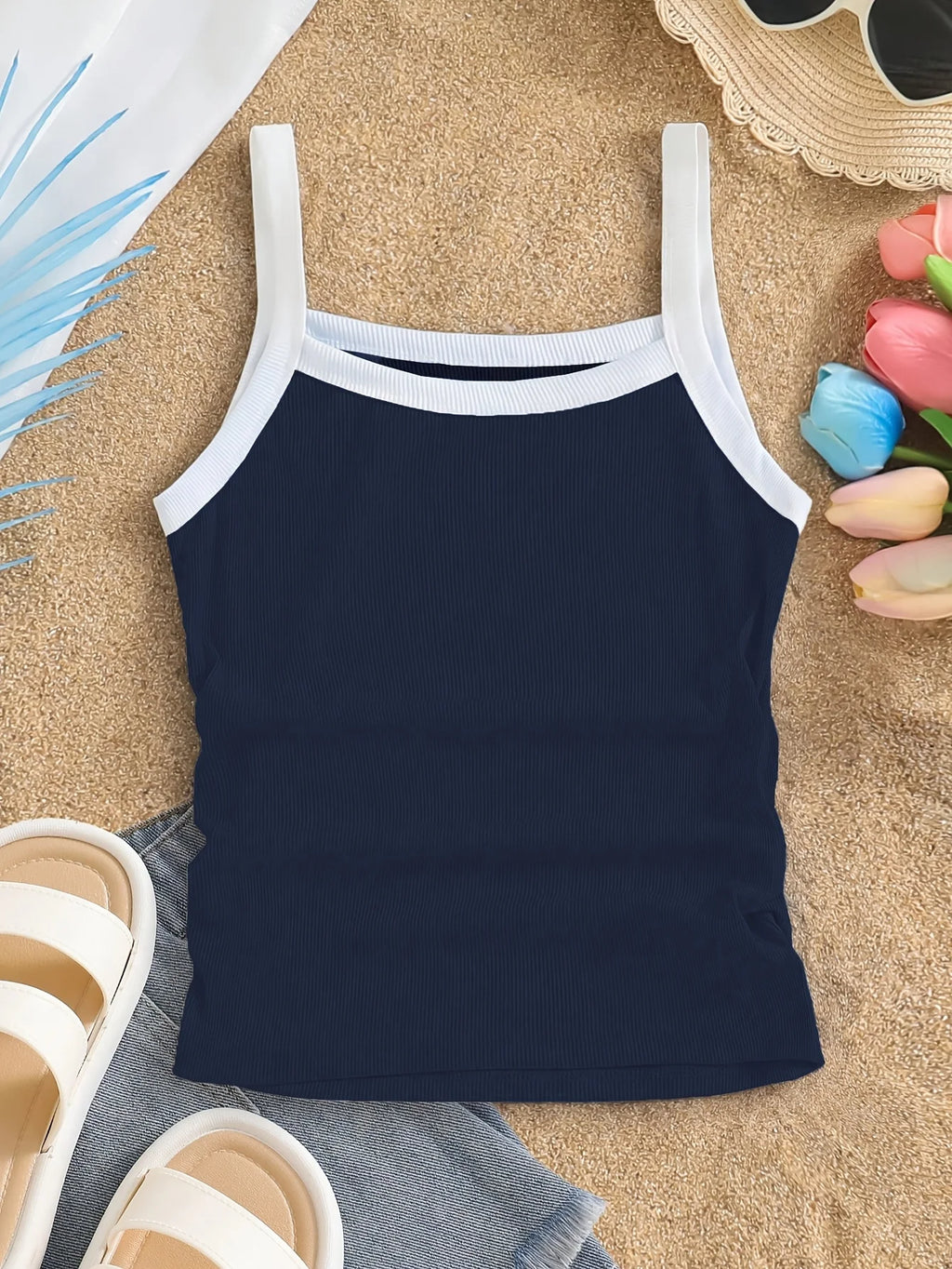Navy Blue Ribbed Tank Top for Girls Aged 5-13